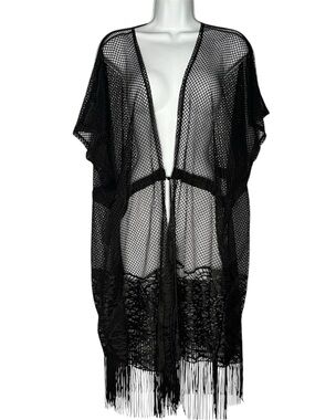 Cha Cha Black Sheer Mesh Lace Kimono Cover Up Fringe Tie Waist 3X Boho